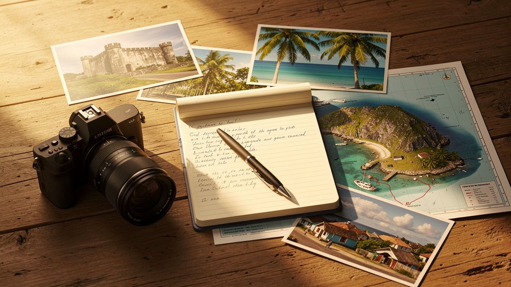A travel writer's desk by a fort window with maps and notes in foreground