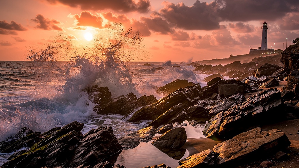 Rocky coastline at Chakratirth glowing orange at sunset with waves