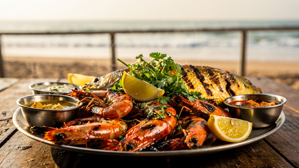 A plate of fresh fried seafood at a harbour-side kitchen in Diu