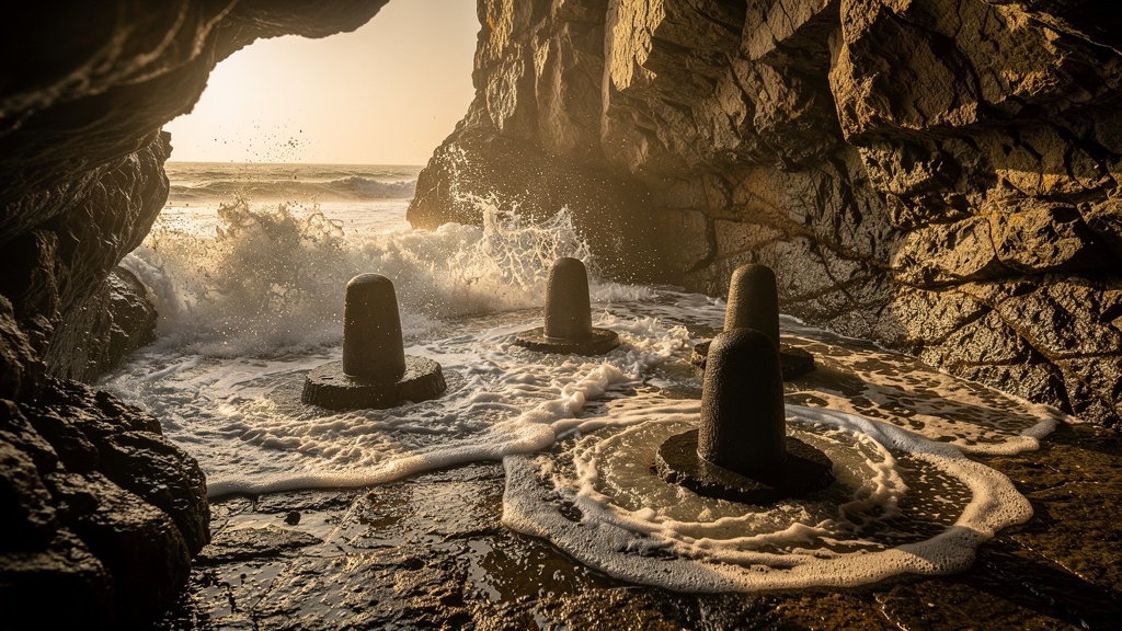 Five dark stone Shiva lingams surrounded by high-tide sea foam in a rocky cove