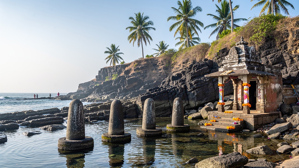 The lingams in their rocky cove at low tide with calm water
