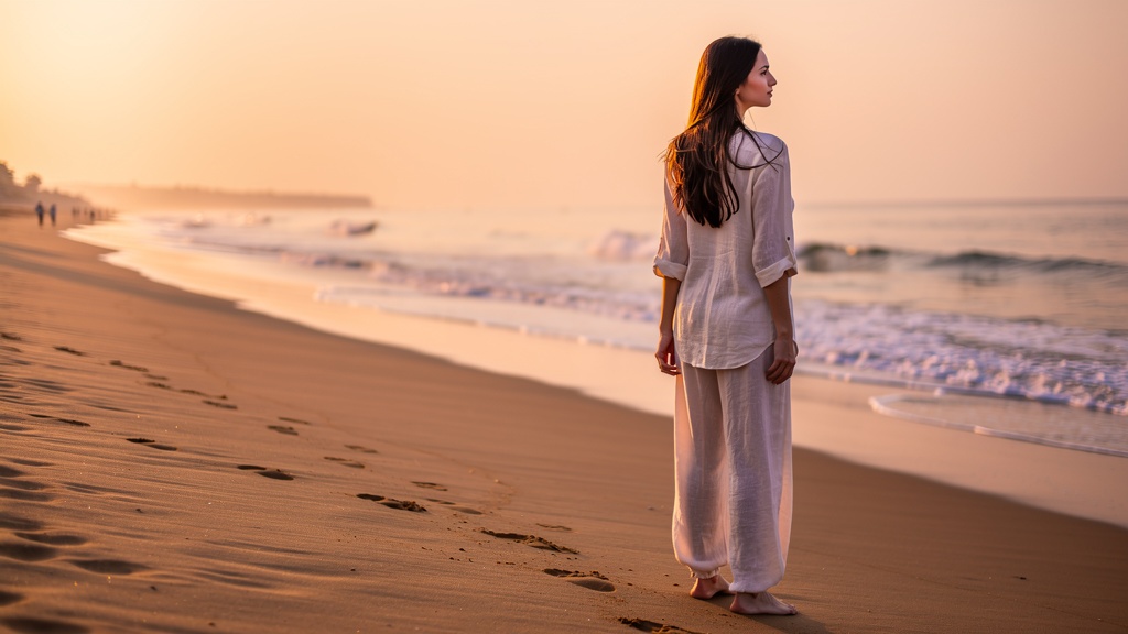 Traveler in light linen standing by the water at Ghoghla