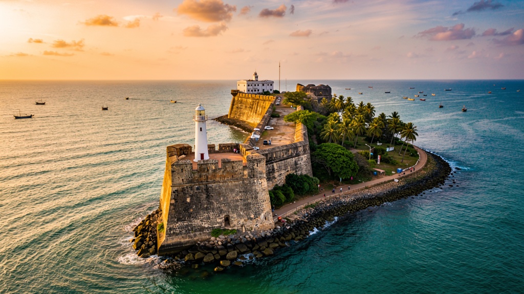 Aerial view of Diu Fort peninsula at sunset, stone ramparts jutting into the turquoise Arabian Sea with a white lighthouse