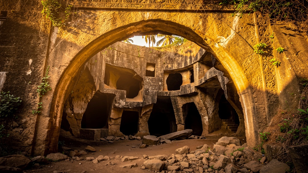Entrance arch to the caves beside low quarry walls