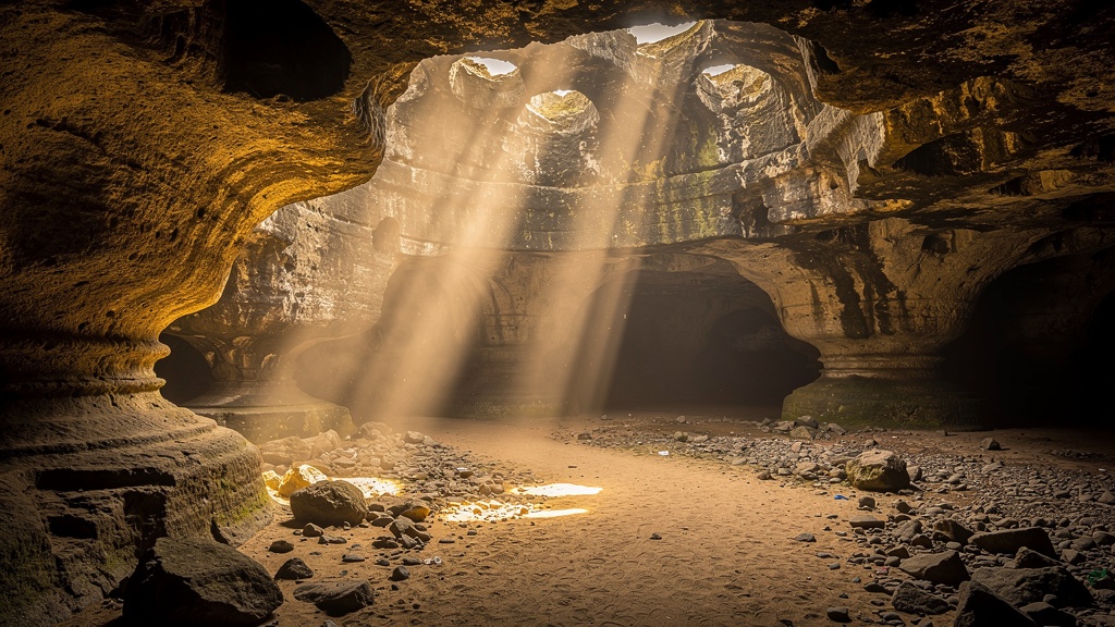 Sunbeams streaming through openings in the cave ceiling onto sandy floor