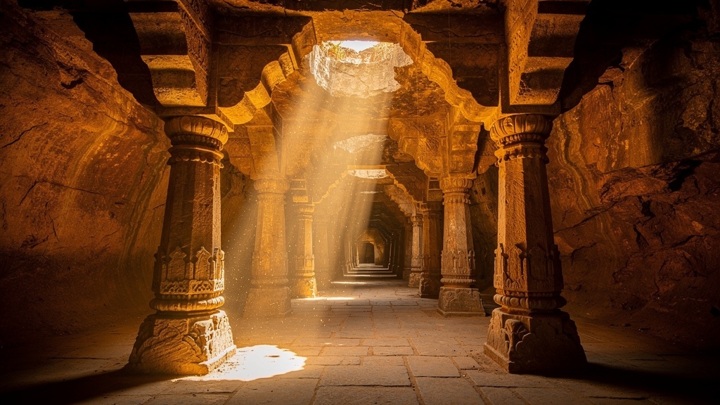 Pillars and archways forming a honeycomb labyrinth