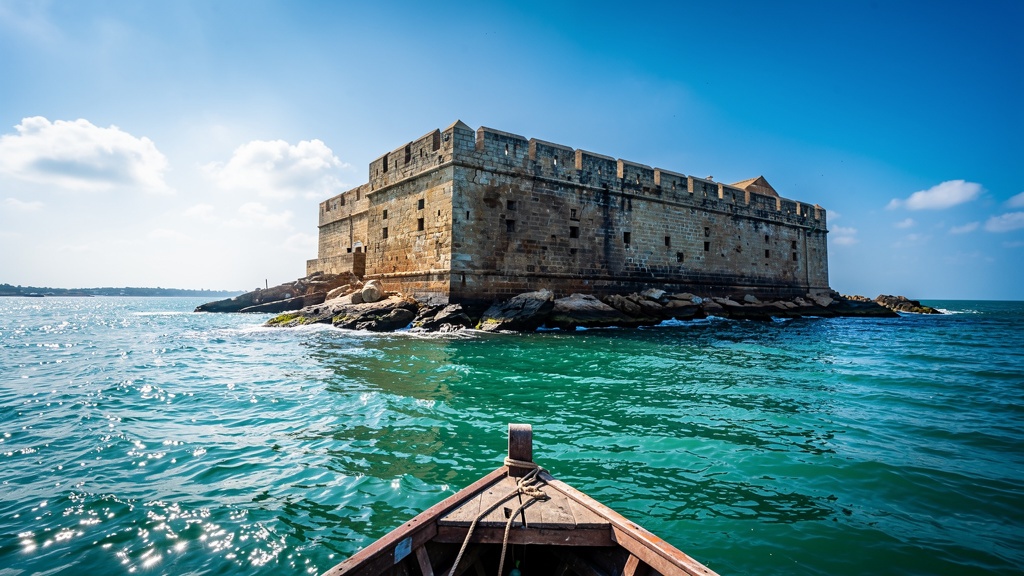 Panikotha sea fort on a rocky islet in turquoise water, approached by a wooden boat