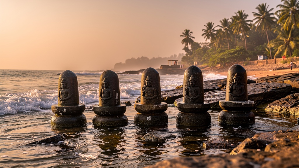Gangeshwar's stone lingams in a rocky tidal pool at golden hour