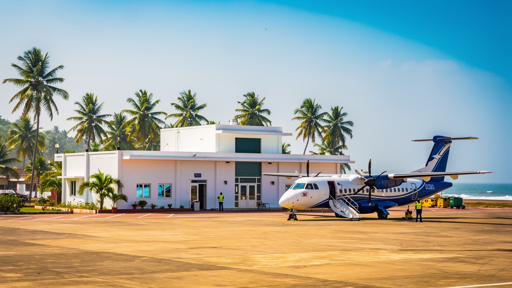 Diu Airport with a small turboprop aircraft on the tarmac and palms around the terminal