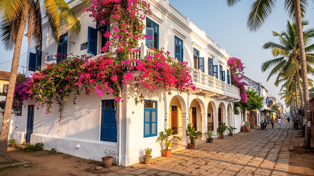 A small heritage-boutique hotel interior with Portuguese arches