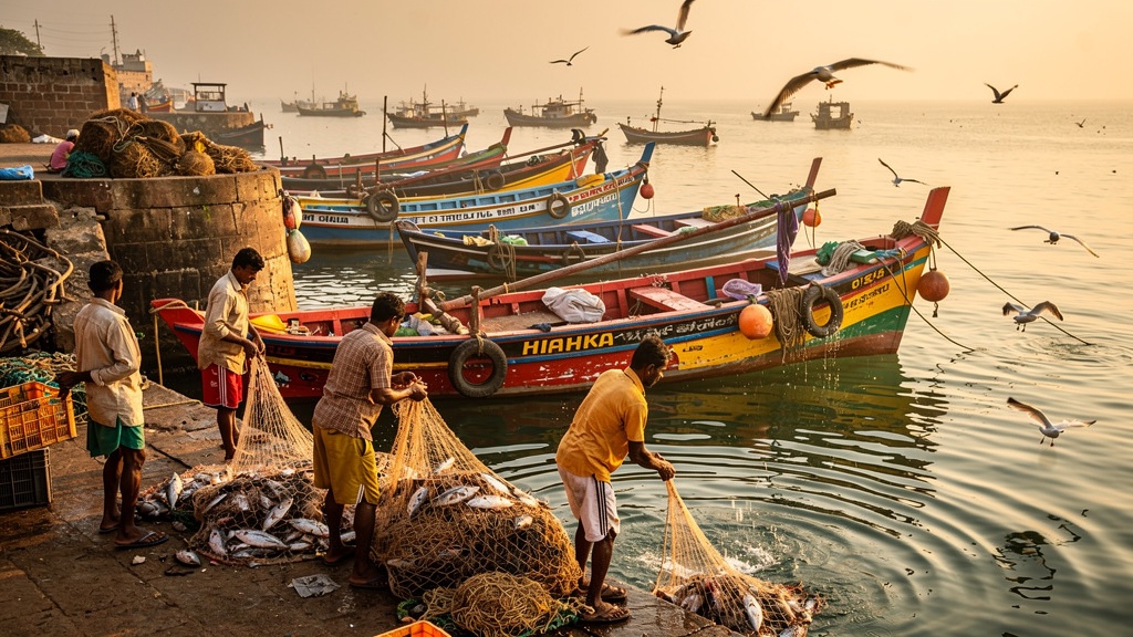 Colourful wooden fishing boats moored at Vanakbara harbour