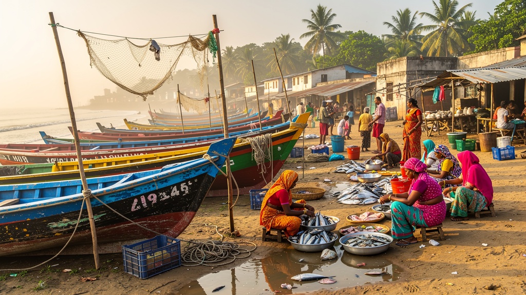 The fish auction at Vanakbara with crates of fresh catch and bidders around