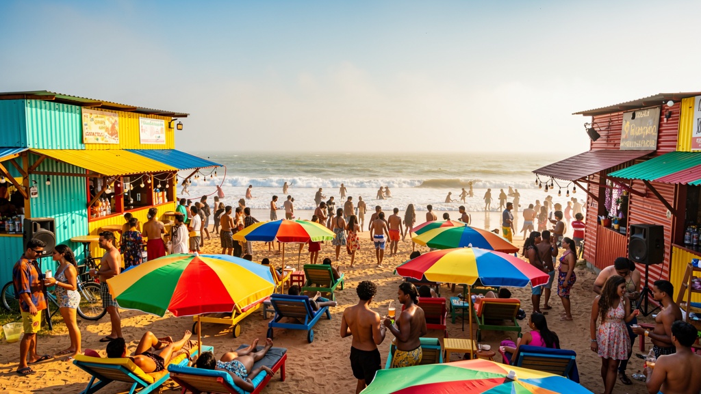 A busy Goa beach with shacks and cafe umbrellas